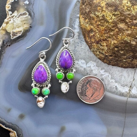 Sterling Southwestern Style Multistone Cluster Dangle Earrings For Women #2 - Picture 8 of 10